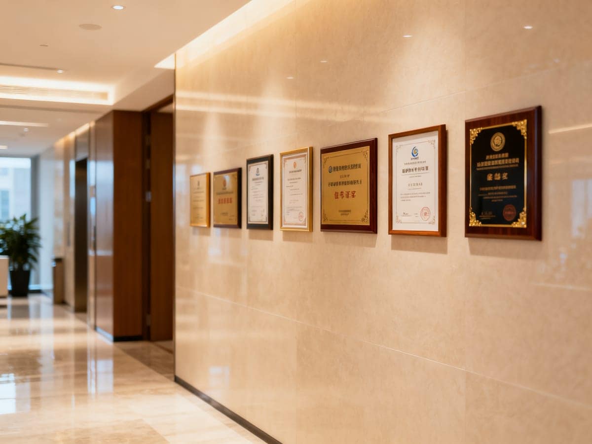 Framed quality and compliance certifications on the factory wall